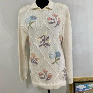 Vintage Cape Isle Knitters Cream Floral Sweater Size M Cotton Grannycore Buttons